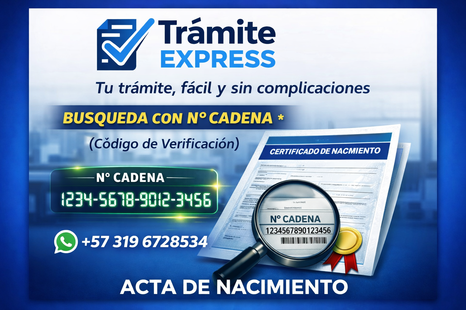 ACTA DE NACIMIENTO *BUSQUEDA CON Nº CADENA* ( Código de Verificación)